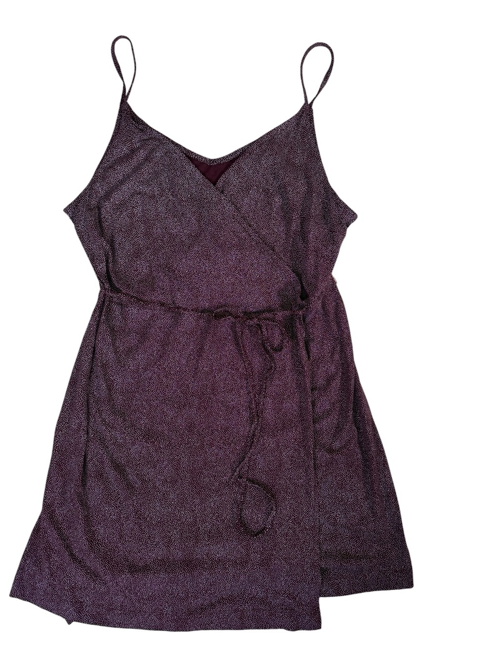 H&M Burgundy Micro Polka Dot Faux Wrap Dress XL Tie Waist Modal Blend Mini Dress